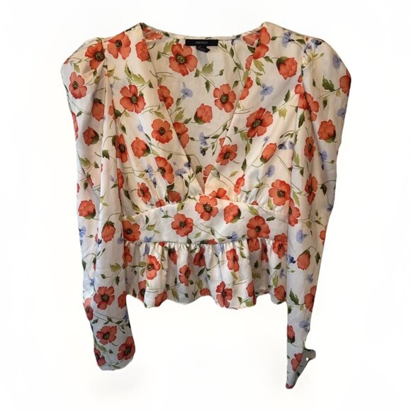 Forever 21 Womens Floral Satin Puff Sleeve Peplum Top Sz L Fairy Feminine - Picture 2 of 12